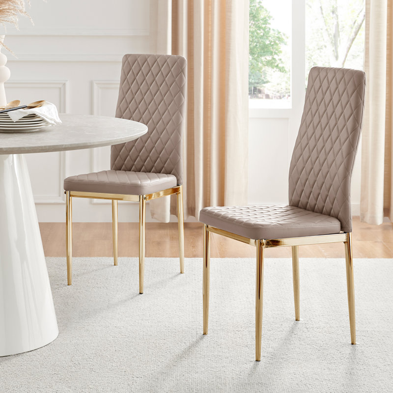 Morgan Hatched Faux Leather Sleek Metal Leg Luxury Dining Chairs, Lorenzo Milan Cappuccino Faux Leather, Gold