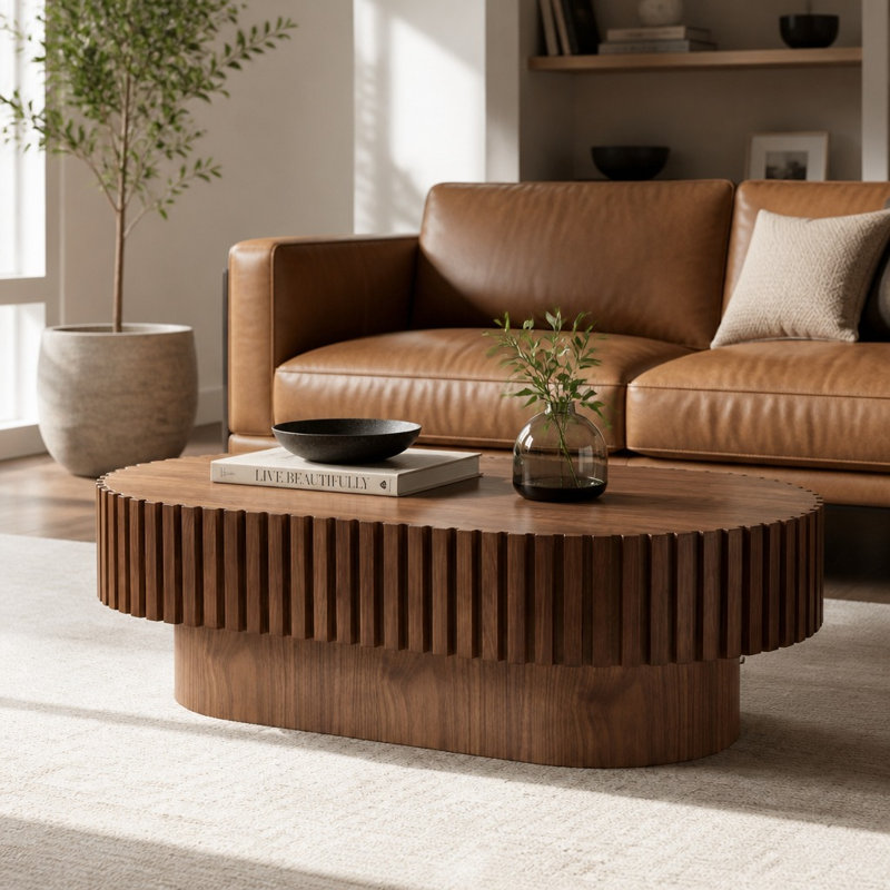 Modern Handcrafted Oval Drum Coffee Table with Sturdy Pedestal Base, Compact Space-Saving Smooth Surface Coffee Table, Multi-Functional Accent Table