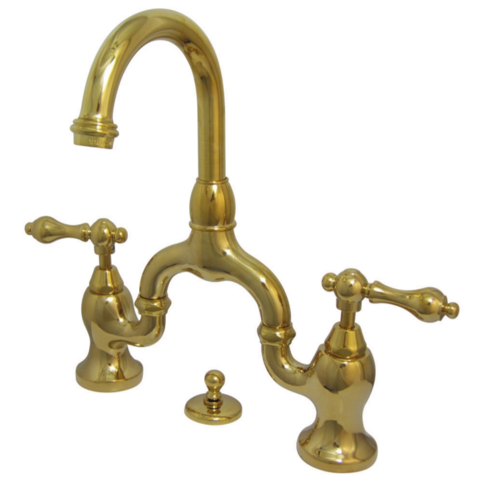 Kingston Brass English Country Two-Handle 3-Hole Deck Mount Bridge Bathroom Faucet with Brass Pop-Up, Polished Brass
