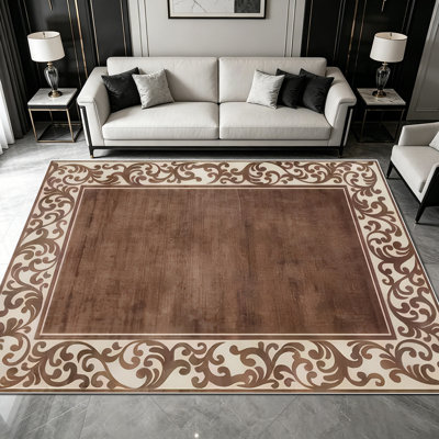 1PC Vintage Brown Damask Scroll Border area rugs for Living Room, Soft and Comfortable, Suitable for all seasons, easy-to-maintain, machine washable Indoor floor mat, Under Table Farmhouse suitable for dining table, bedroom, entryway, home office,