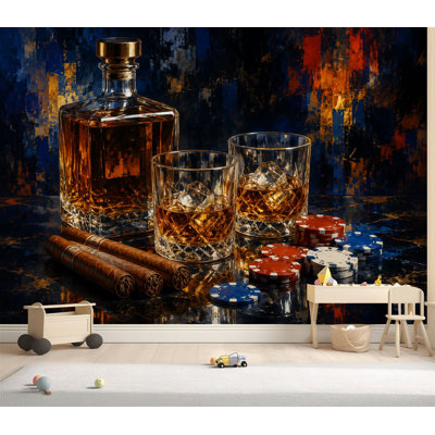 Wall Mural Peel and Stick Wallpaper Luxurious Whiskey Glasses Decanter Cigar Setup Abstract Self-Adhesive Removable Contact Paper Wall Decor for Living Room Bedroom 69"H x 96"W