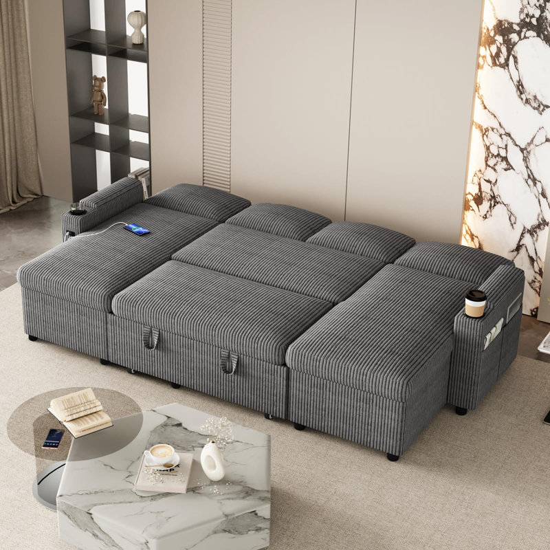 Corner Sofa Bed, U-shaped Sleeper Sectional Couch Bed, 3-in-1 Convertible Pull Out Sofa Bed With Adjustable Backrest, Storage, Usb And Cup Holder For Living Room