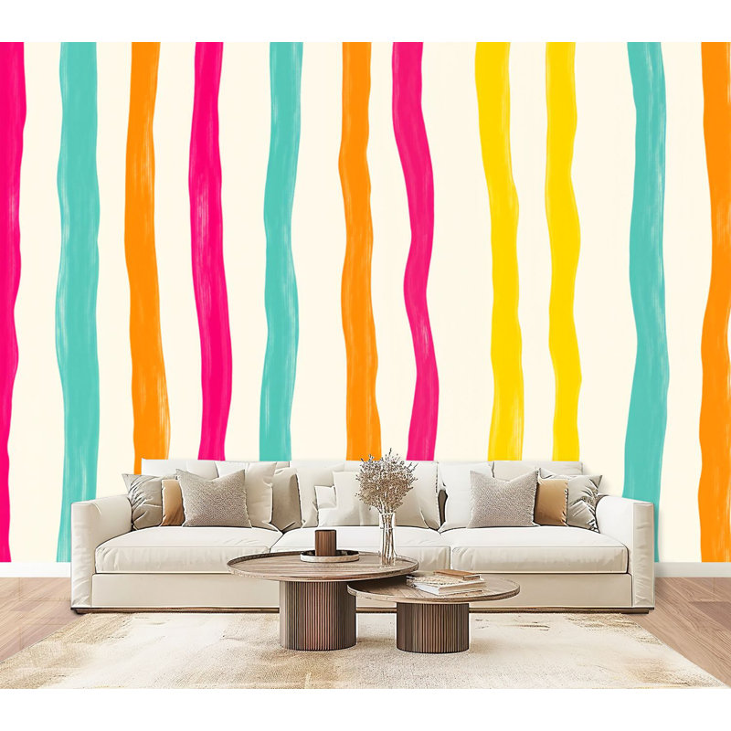 Papier peint adhésif auto-adhésif moderne l 96 "x H 69" pour chambre à coucher Rayures ondulées colorées abstraites rose orange bleu jaune
