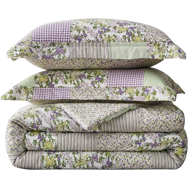 Daisy Butterfly Printed Patchwork Reversible Comforter Set, Twin Comforter  + 1 Standard Sham