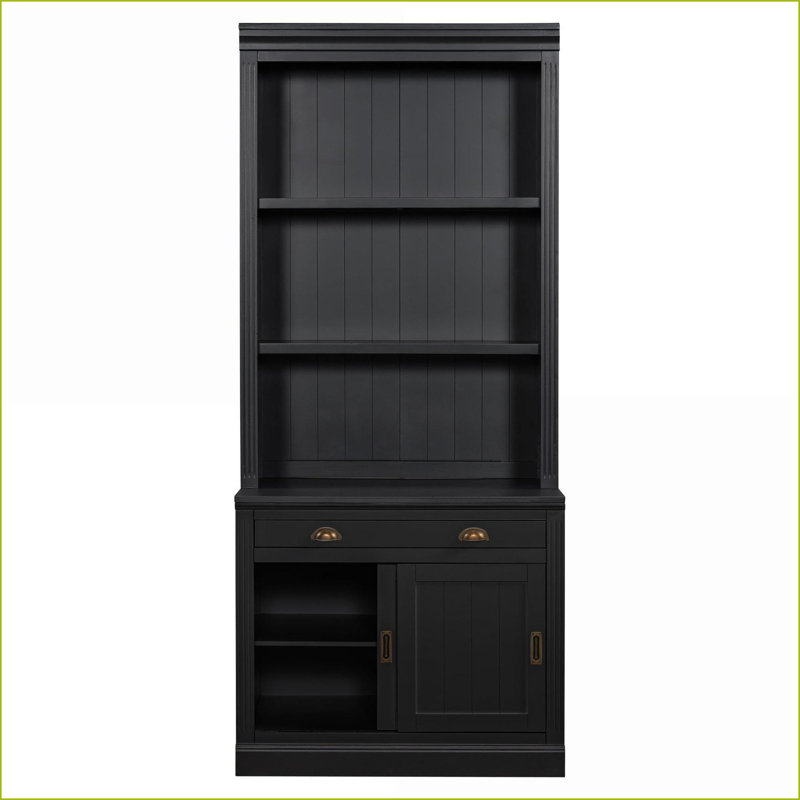 Bibliothèque moderne de 83,4 po de hauteur avec 3 lumières DEL, portes coulissantes et amp; Tablettes réglables | Noir | Bois massif et panneau de fibres à densité moyenne