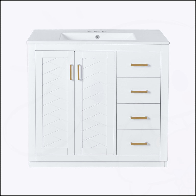 Ensemble de meuble-lavabo autoportant 36 po avec lavabo en céramique 36 po, structure en bois massif et grand rangement, Doré