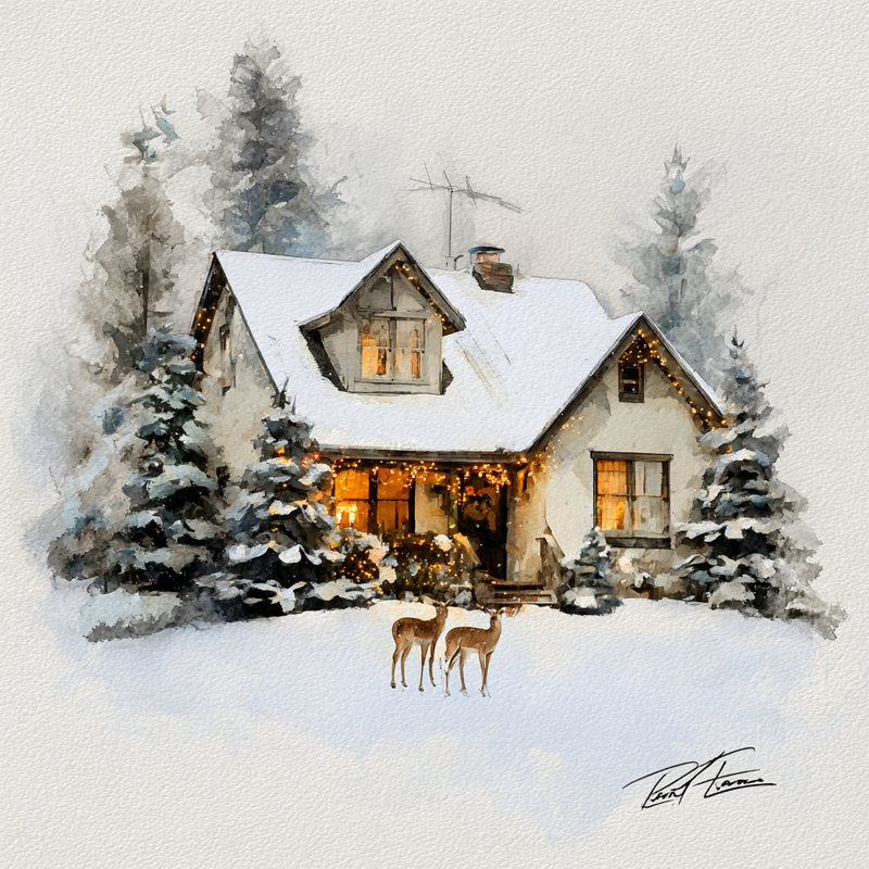 «Warm Lights Winter Cottage with Deer», art mural sur toile tendue, H 40 po x l 40 po