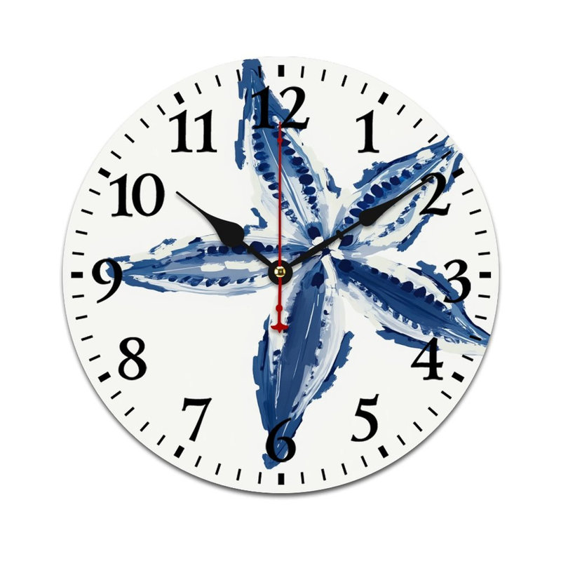 Horloge murale ronde, étoile de mer aquarelle bleue, 12 x 12 po, pour salle de bain et décor nautique
