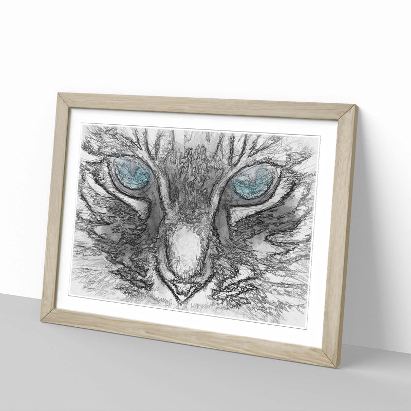 Bright Blue Cat Eyes in Abstract - Picture Frame Painting Print, Oak Framed, 27cm H x 36cm W x 2cm D