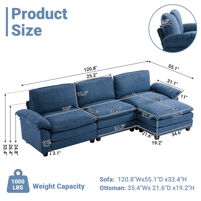 Canapé et canapé avec repose-pieds Avrilynn, Polyester bleu, 120"W x 32.3"D x 33.5"H (3-Seat)