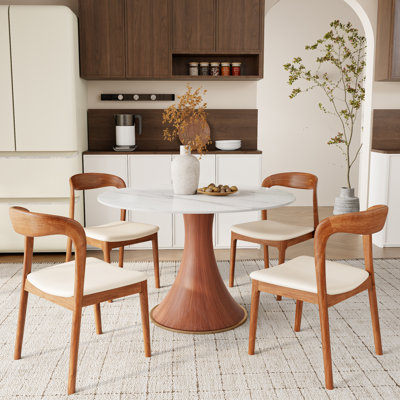 Stone Round Dining Table Set With 2/4/6 Premium Solid Wood Leather Dining Chairs