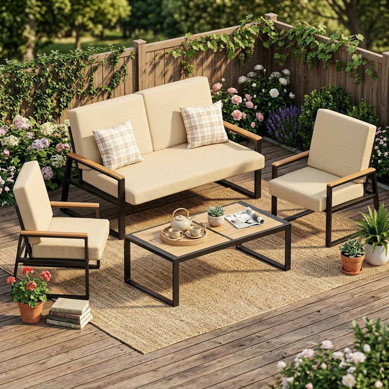 Ensemble en rotin pour 4 personnes Gannicus - Structure et coussins résistants aux intempéries, Beige