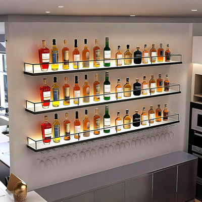 Metal Wall Mounted Wine Rack With LED Light, 3 Tiers Liquor Bottles Floating Shelves With Glass Holder, Wine Shelf Industrial Bar Shelves For Home Bar Dining (Black, 200Cm/78.7In)