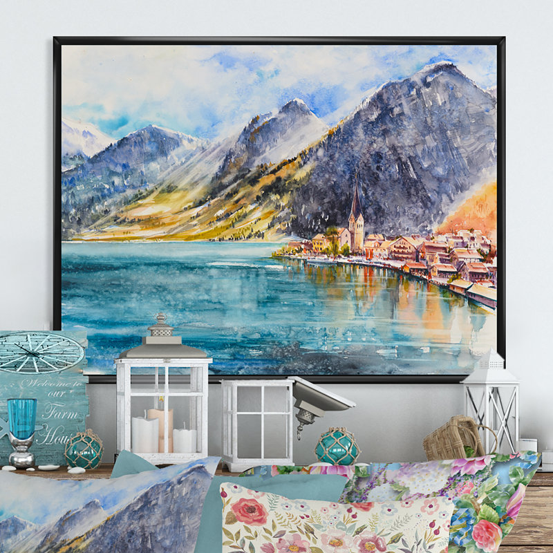 «Abstract Mountain Village on Lake», reproduction sur toile flottante, Cadre noir, H 8 po x l 12 po x P 1 po