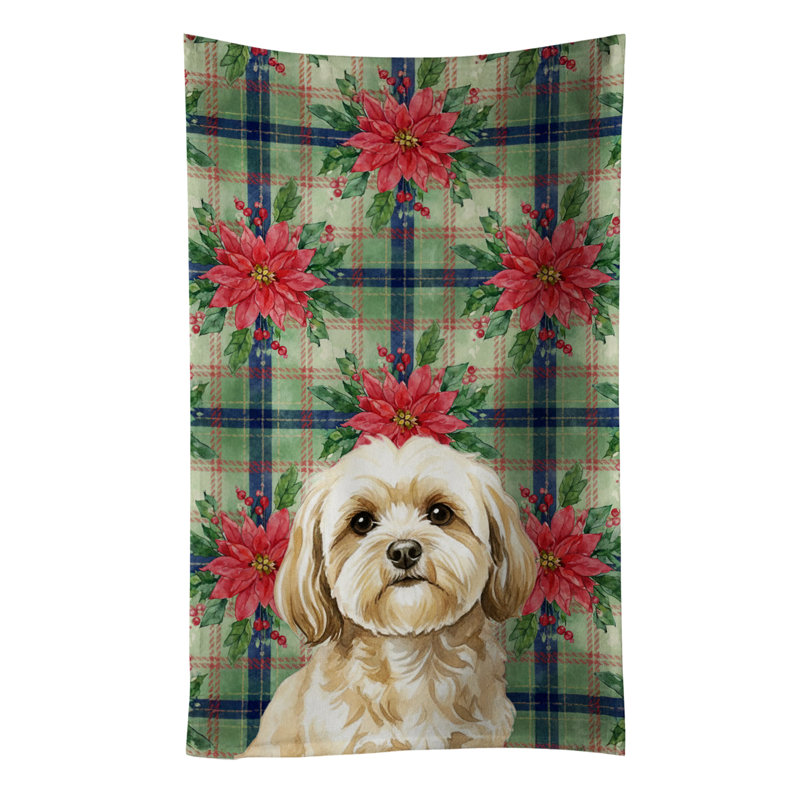 Cream Lhasa Apso Christmas PoinsettIas Kitchen Towel, Cream Lhasa Apso