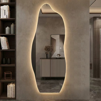 65" H x 24" W Dolphin-Shaped Frameless LED Full Length Mirror, 3 Color Lighting, Clear White Glass, Explosion-Proof, Wall Mounted Backlit Mirror