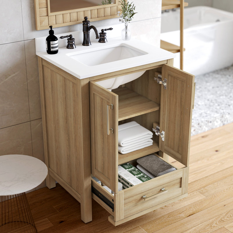 Meuble-lavabo 24 po avec comptoir en pierre reconstituée blanche, dosseret et lavabo en céramique Bombay, Chêne