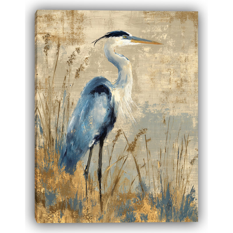 Gilded Grasslands Heron Wrapped Canvas Wall Art