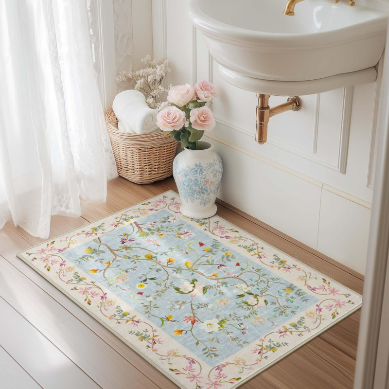 Chinoiserie Vintage Floral Rug Washable Non-slip, Rectangle 2' x 3', Blue/Pink