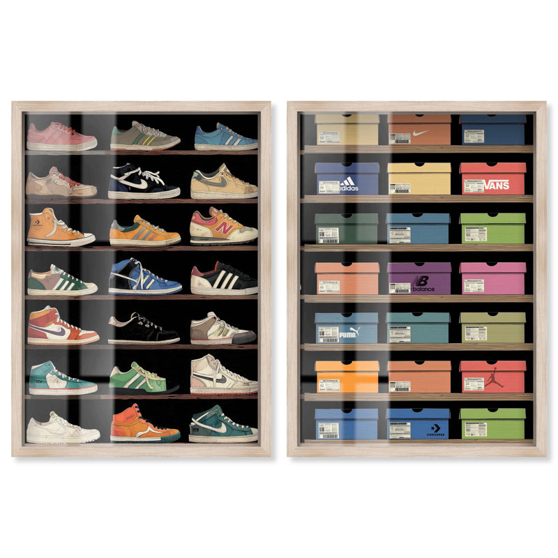 «Sneaker and Shoebox Set Shadowbox Print Glam» par Art Remedy, cadre blond, 36 x 54, H 55 po x l 37 po, Cadre blond