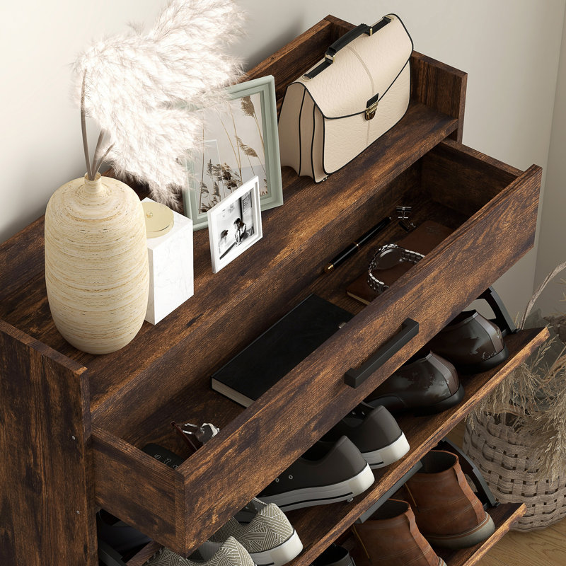 Armoire décorative, armoire à chaussures étroite avec 2 portes rabattables et tiroir supérieur, Brun rustique