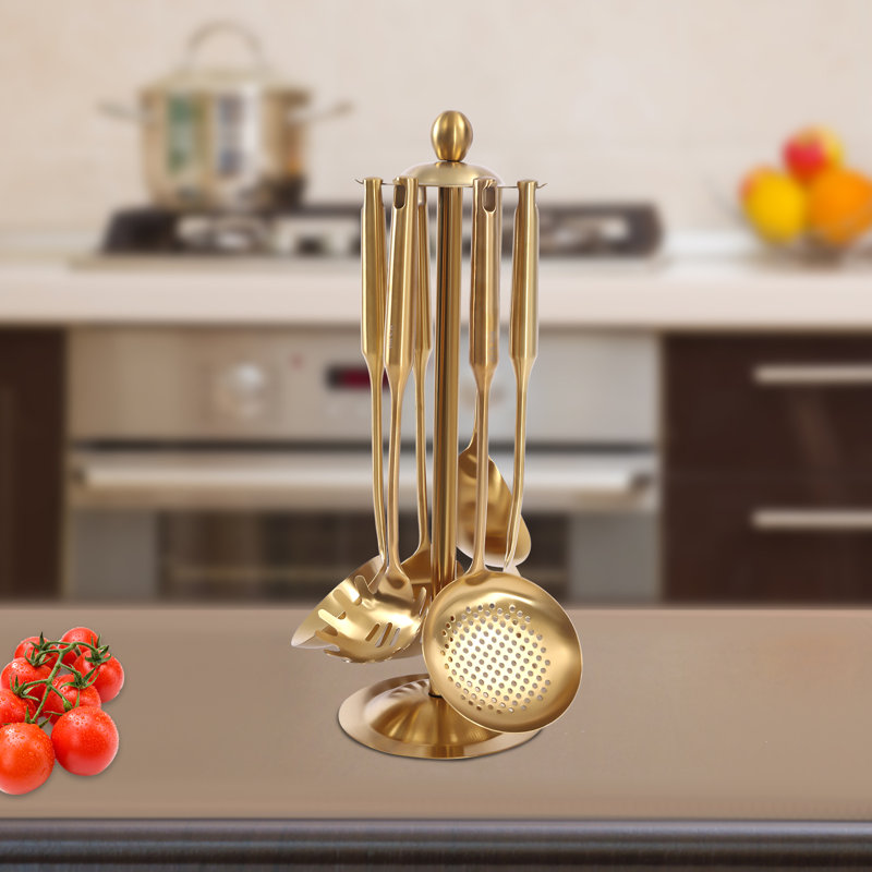 7-Piece Gold Stainless Steel Kitchen Utensil Set with Holder