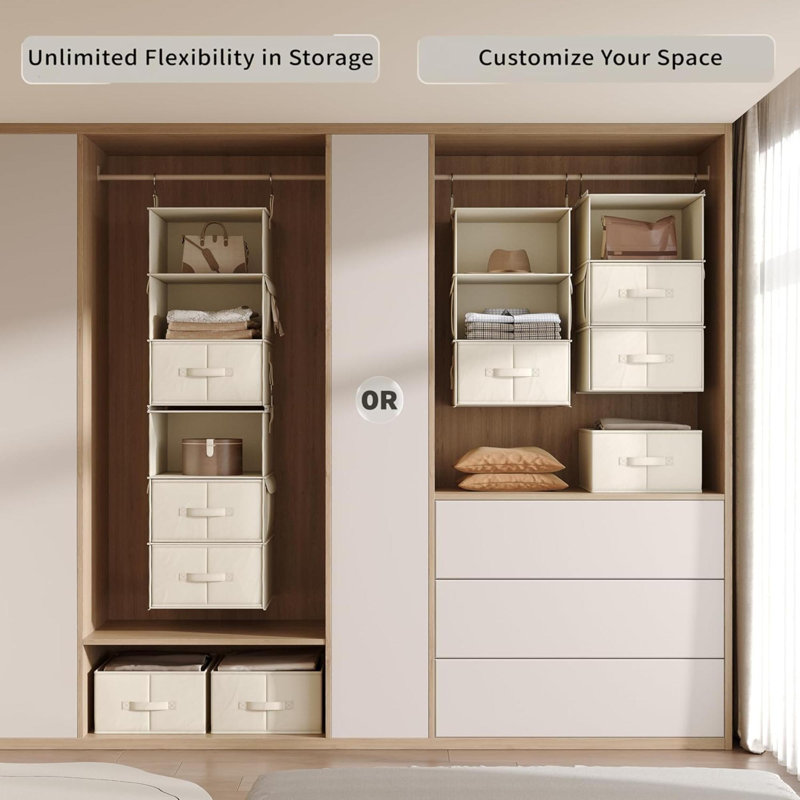 6-Shelf Hanging Closet Organizer, 2 Separable 3-Shelf Hanging Shelves With 3 Drawers For Wardrobe, Nursery, Baby Clothes Organization And Storage