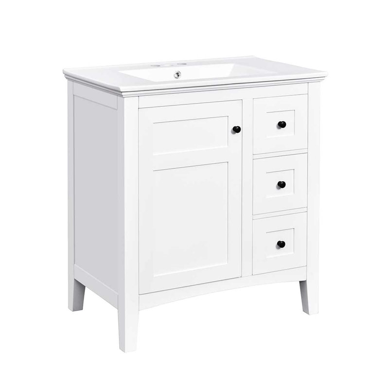 Meuble-lavabo moderne avec lavabo en céramique 30 po et 3 tiroirs, Blanc