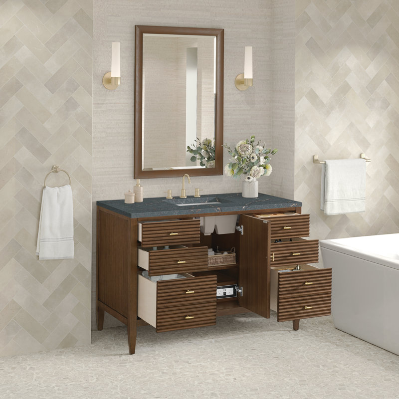 Myrrin 48'' Single Bathroom Vanity with Top, Mid-Century Walnut, Parisian Blue, 8" Widespread