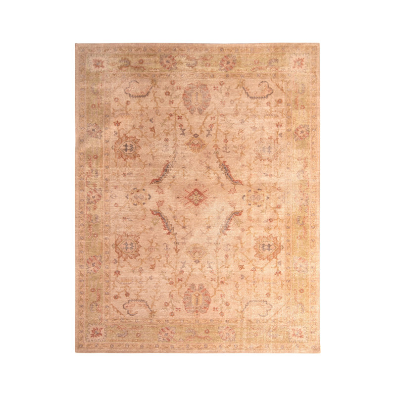 Hand-Knotted Distressed Floral Rug Beige Pink Classic Pattern, Rectangle 12' x 15'