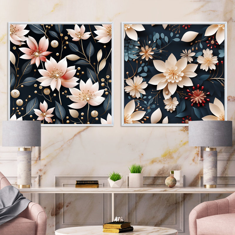 Hosey - Ensemble de 2 collages carrés botaniques abstraits, Cadre flottant blanc, H 36 po x l 73 po