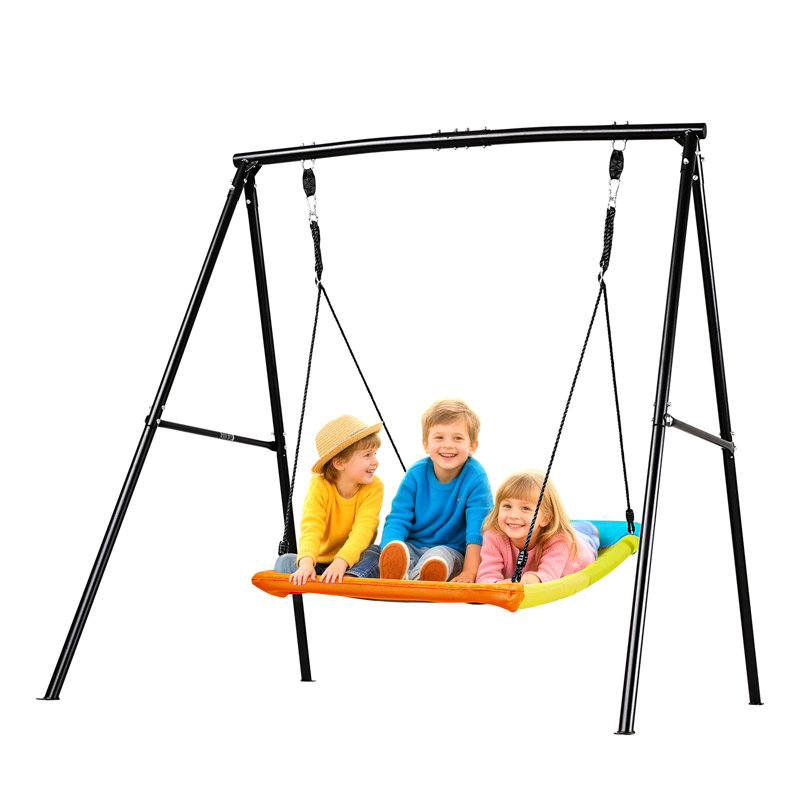 Swing set with black metal A-frame and large multi-colored saucer seat