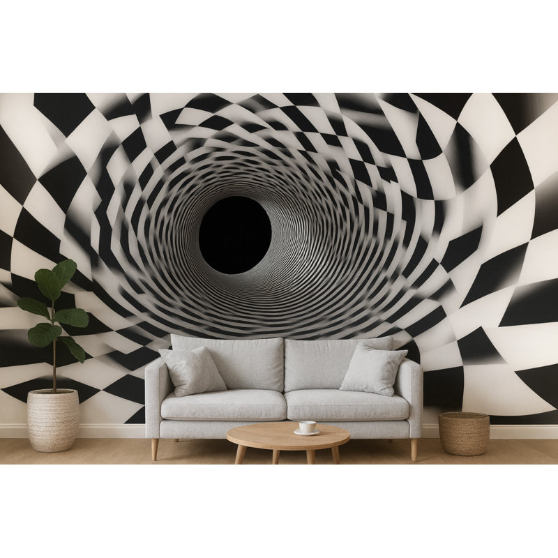 Papier peint noir et blanc tunnel 3D - illusion optique Vn909 (Peel-N-Stick) VN909, L 145 po x l 100 po, Peler et coller