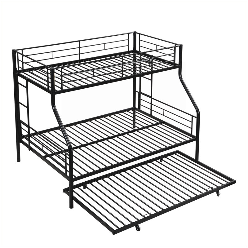Lit superposé simple au-dessus de trois lits simples avec lit gigogne, structure en métal de couleur noire peu encombrante, aucun sommier requis pour les chambres résidentielles
