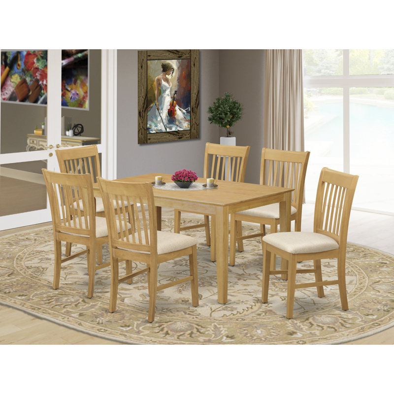 7 Piece Kitchen Table & Chairs Set Consist of a Rectangle Dining Room Table and 6 Linen Fabric Upholstered Dining Chairs, 36x60 Inch, Oak