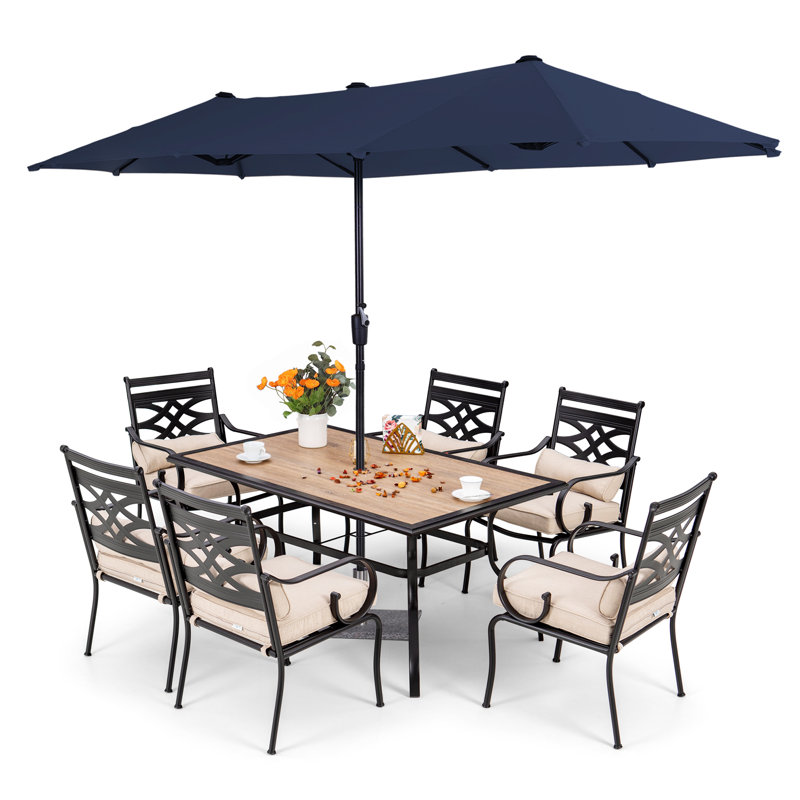 Ensemble de salle à manger rectangulaire pour 60 personnes avec coussins et parasol Leonard, Beige