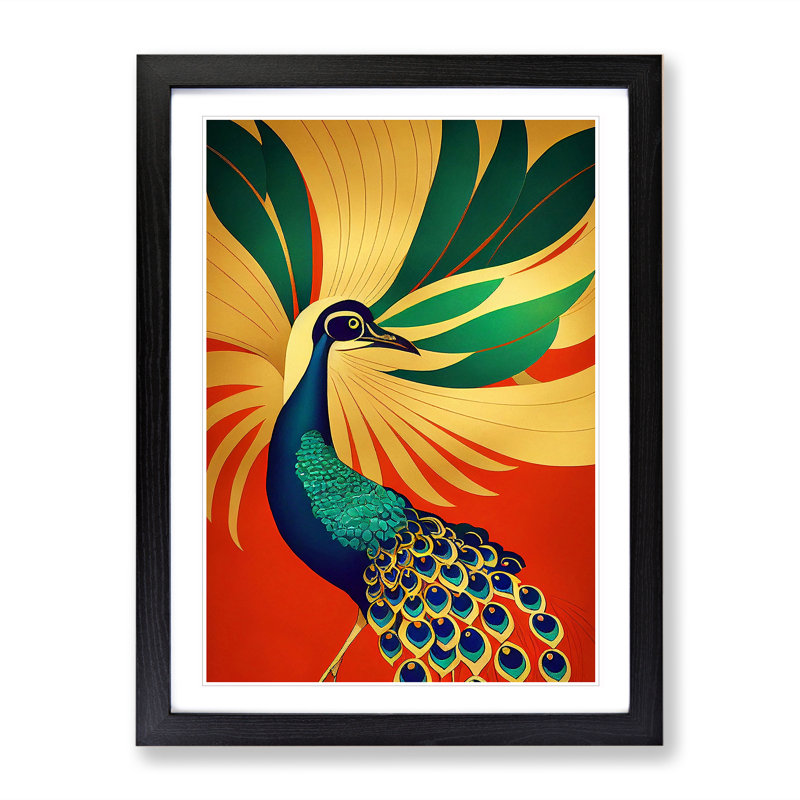Peacock Art Deco No.1 - Framed Print, Black Framed, 64cm H x 46cm W x 2cm D