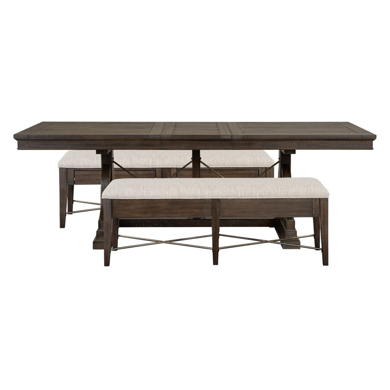 Extendable Trestle Dining Table With 2 Upholstered Benches, 3 Pieces: Table, 2 Benches