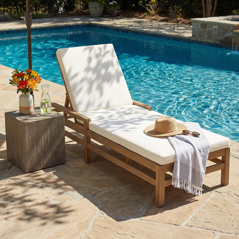 5-Position Adjustable Patio Chaise Lounge with Solid Wood and Thick Cushions, 1, Light Teak