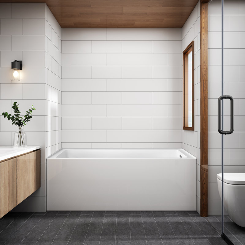 60" x 30" Acrylic 3-Wall Alcove Bathtub, Rectangular Soaking Tub with Drain & Overflow, Anti-Slippery Plain Bottom, White