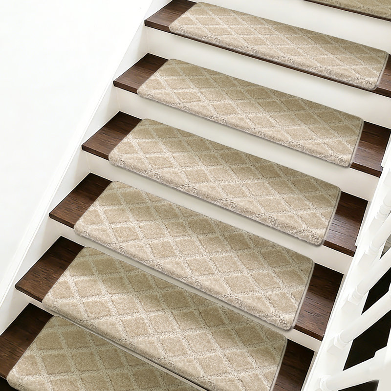 Tapis d'escalier bullnosé antidérapant (ensemble de 16), Treillis crème gris diamant, 16