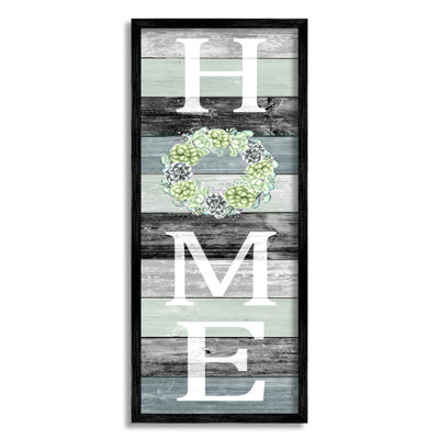 Stupell Industries Succulent Wreath Welcome Home Sign By Kimberly Allen - Floater Frame Textual Art On Wood In Midnight Black Framed Giclee