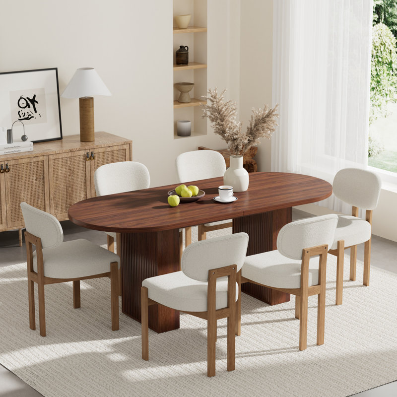 Ensemble de table de cuisine ovale à double piédestal, 7 pièces: table, 6 chaises, Beige, Noyer