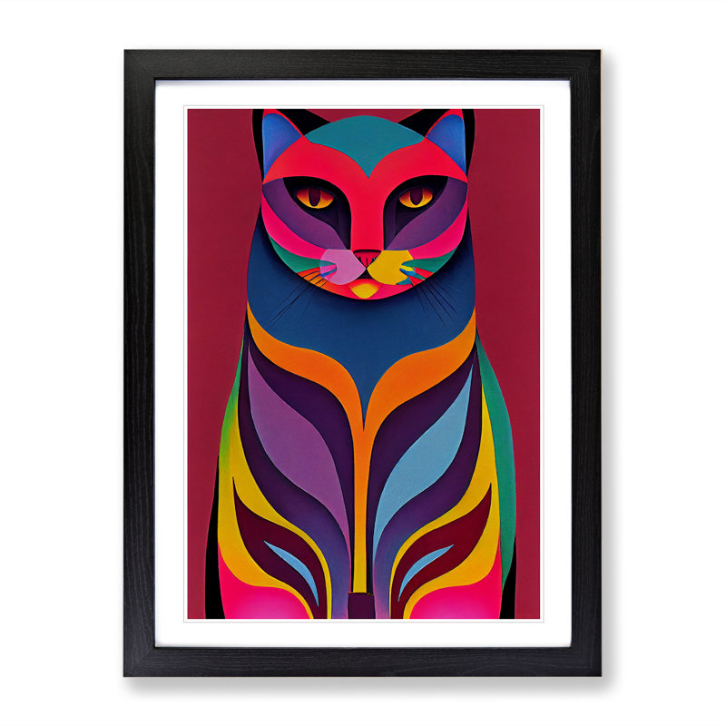 Vibrant Cat Abstract - Single Picture Frame Print, 64cm H x 46cm W x 2cm D, Black 