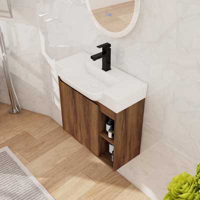 24 inch Wall Mount Vanity with Ceramic Sink, Modern Floating Bathroom Cabinet with Open Shelf and Single Door, Space-Saving Design for Half Bath