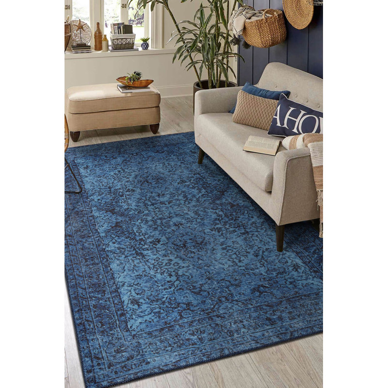 Elegant Blue Area Rug, 2.5 x 7.5 Feet, 100% Polyester, 1850 g/m² | Pile Height: 0.2 Inches, Recycled Poly Cotton Underside | Durable Machine Carpet for Living Room, Bedroom & Office | Soft & Stylish Decor