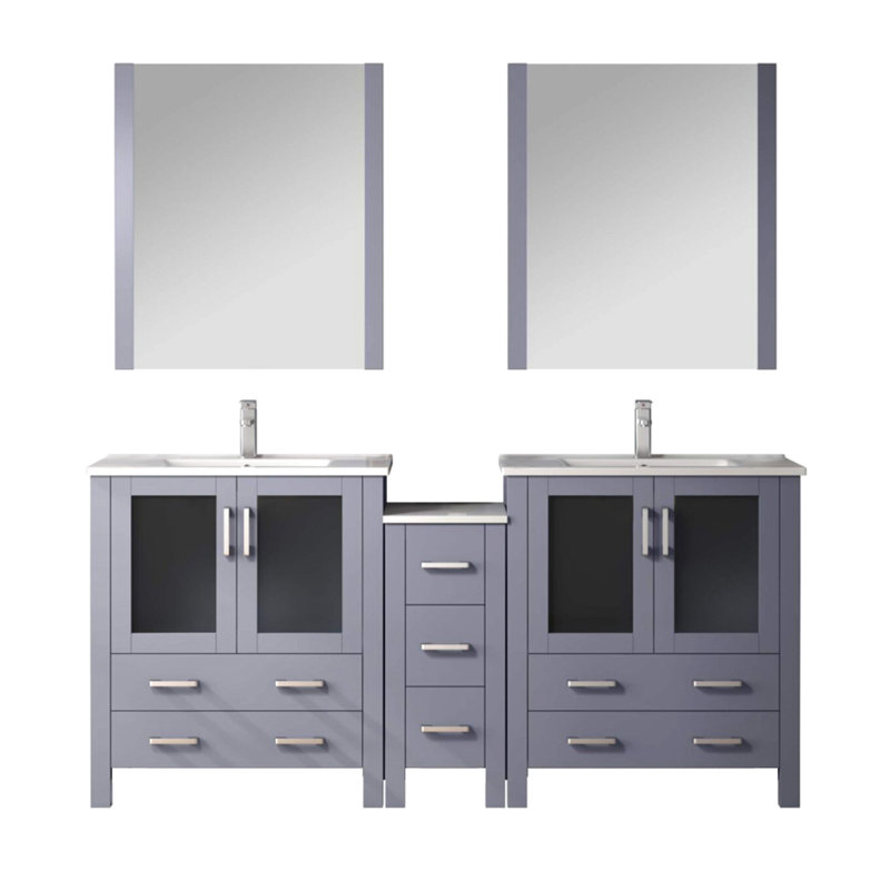 Gris foncé foncé de 72 po Ce meuble-lavabo double comprend des armoires latérales, un robinet inclus, 28 miroirs et une finition en céramique longue durée de couleur l avec une surface