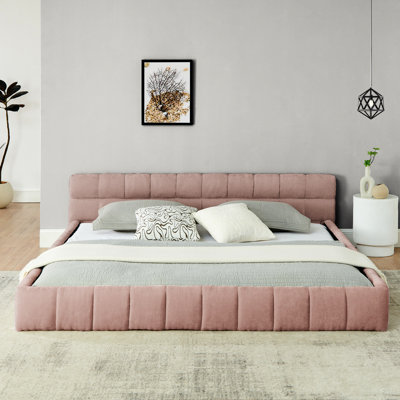 Lit rose très grand - tissu d'ameublement en chenille épais et plateforme de tête de lit moderne sans sommier 88,5 po x 85,5 po x 24 po