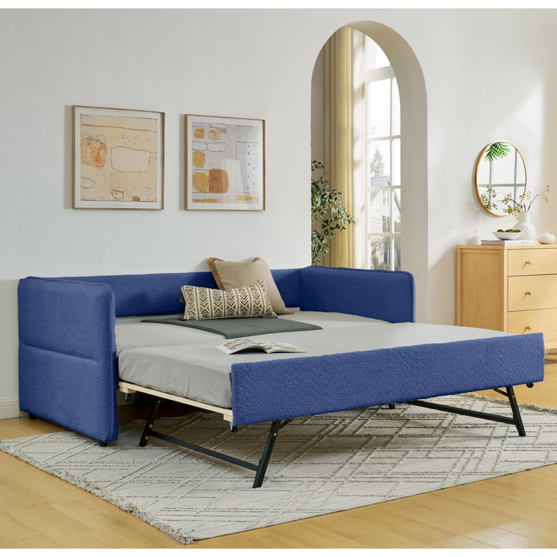 Lit de jour avec canapé-lit tapissier capitonné Popup, taille simple, tissu Boucle, Lit simple, Bleu