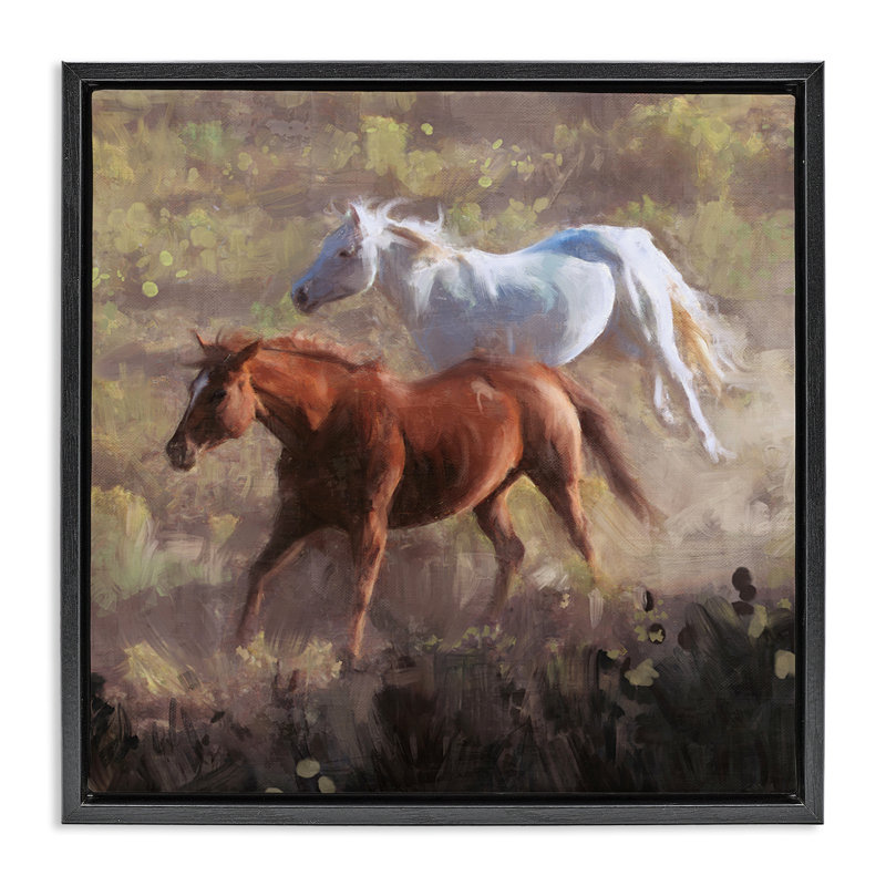 «Brown and White Wild Horses», art mural encadré flottant par Nina Blue, Cadre flottant noir de jais, H 18 po x l 18 po